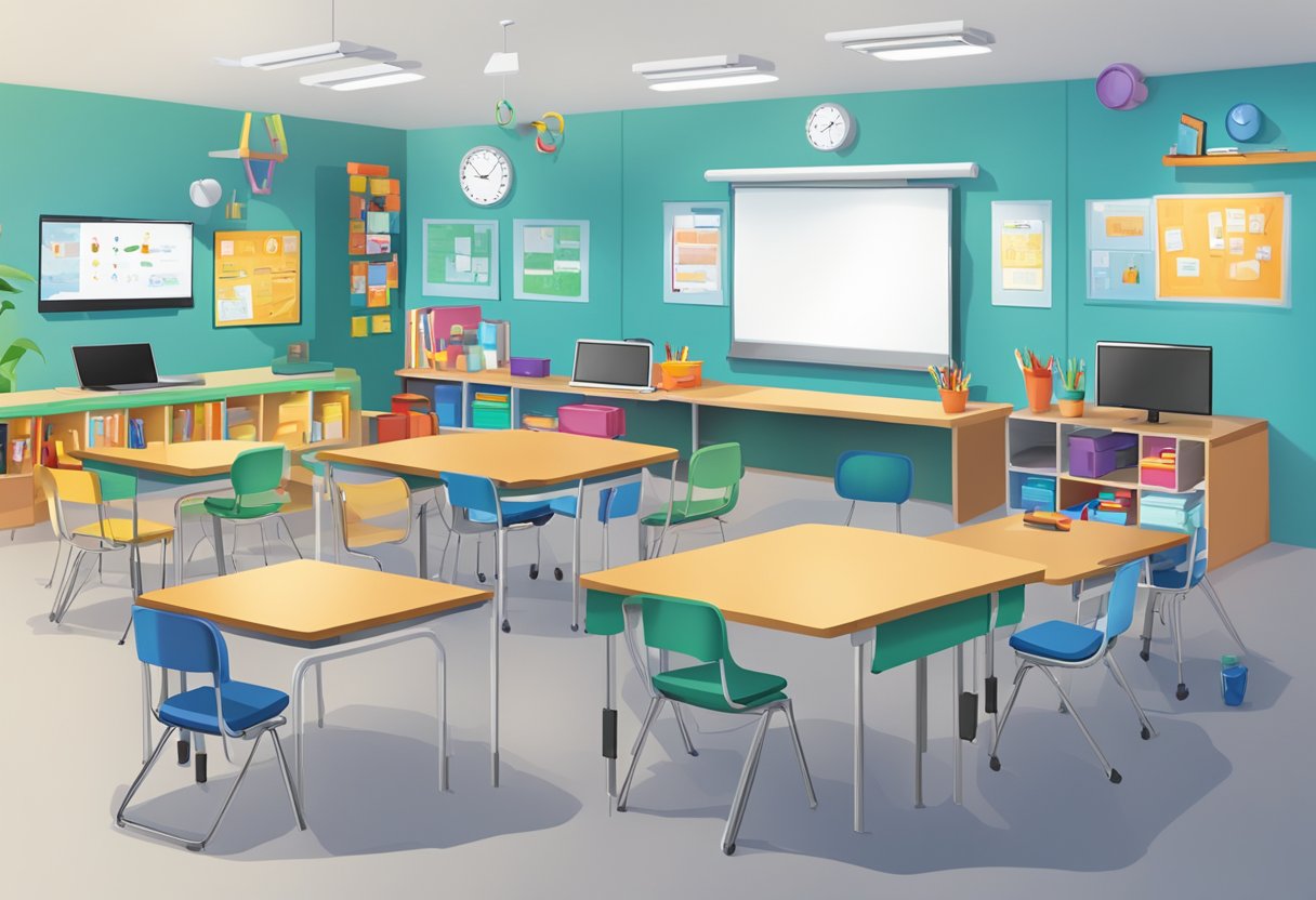 A classroom with diverse assistive technology devices and tools, such as tablets, interactive whiteboards, and specialized software, aiding students with special needs