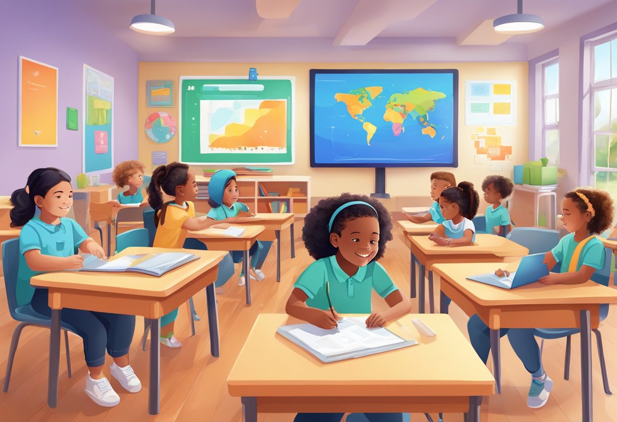 AI-Powered Personalised Learning in Primary Schools AI-Powered Personalised Learning,personalised learning,AI tools LearningMole A colorful classroom with AI-powered educational tools engaging young students in personalized learning activities