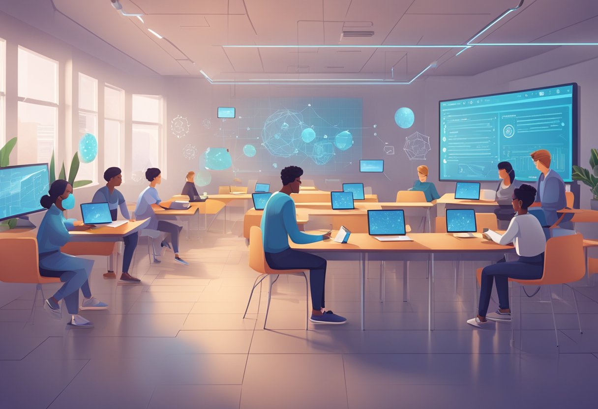 Predictive Analytics and Student Performance: AI in Action Predictive Analytics,Student performance LearningMole A futuristic classroom with AI algorithms analyzing student data and creating personalized curriculum plans