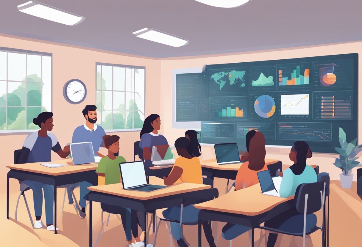 Predictive Analytics and Student Performance: AI in Action Predictive Analytics,Student performance LearningMole A classroom setting with a teacher and students engaged in interactive learning activities while a computer with AI technology analyzes student performance data