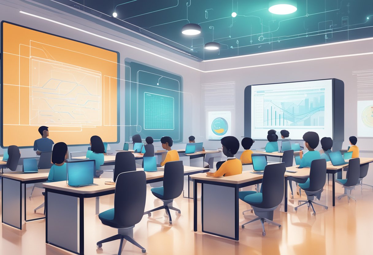 Predictive Analytics and Student Performance: AI in Action Predictive Analytics,Student performance LearningMole A futuristic classroom with AI algorithms analyzing student data to predict performance and guide personalized learning paths