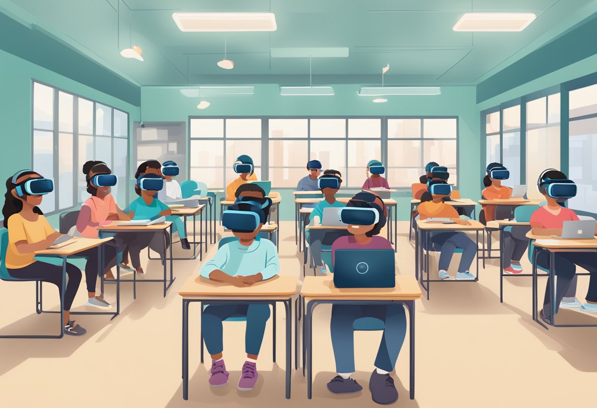Exploring AI-Enhanced Virtual Reality for Students AI-Enhanced Virtual Reality,Virtual Reality,AI-enhanced VR,Immersive learning,Personalised learning LearningMole A classroom setting with virtual reality headsets on students, interacting with AI-generated personalized learning content