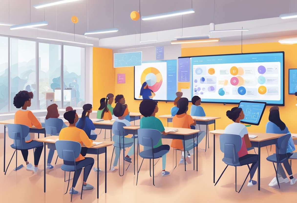 Teaching Emotional Intelligence Through AI Innovation Teaching Emotional Intelligence,Emotional Intelligence LearningMole An AI-powered classroom with diverse emotional intelligence activities displayed on digital screens, while students interact with AI tools