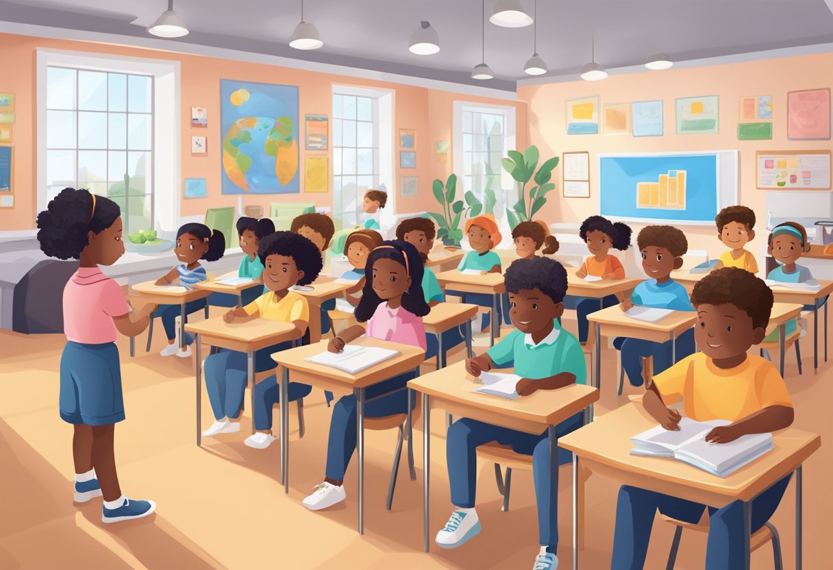 A classroom of diverse primary students engaged in personalised learning activities with AI technology, with emphasis on ethical and privacy considerations