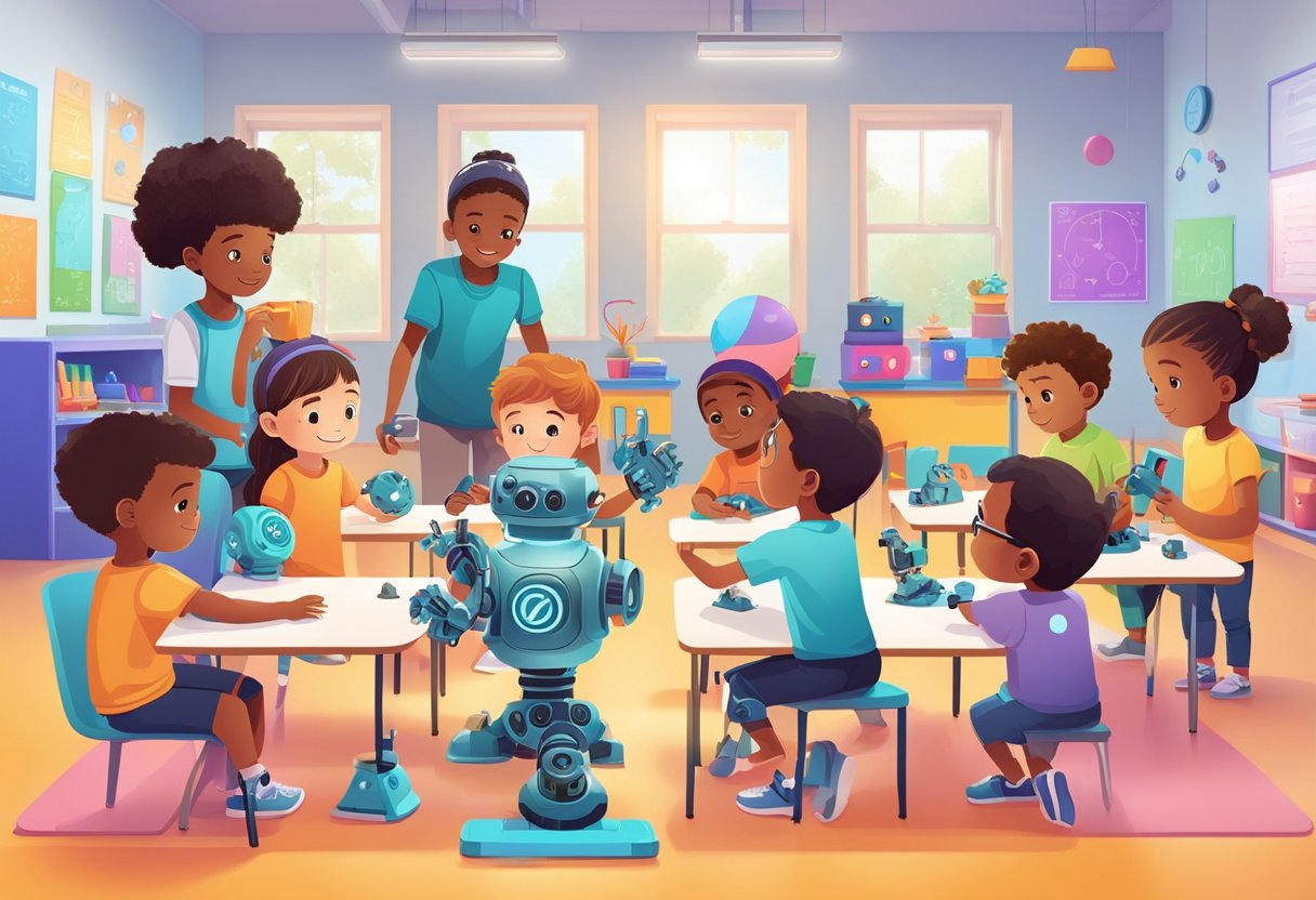 Risks and Opportunities of AI in Early Childhood Education risks and opportunities,education LearningMole A group of young children engaged in hands-on activities with AI robots, exploring and experimenting with problem-solving challenges in a colorful, interactive classroom setting