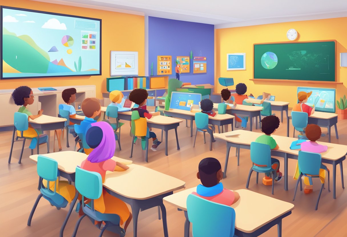Risks and Opportunities of AI in Early Childhood Education risks and opportunities,education LearningMole A classroom setting with colorful, interactive learning tools and AI-powered educational devices