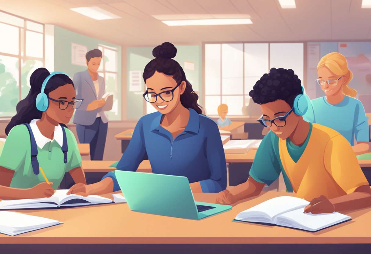A teacher and students working together with AI technology in a classroom setting, collaborating and learning from each other