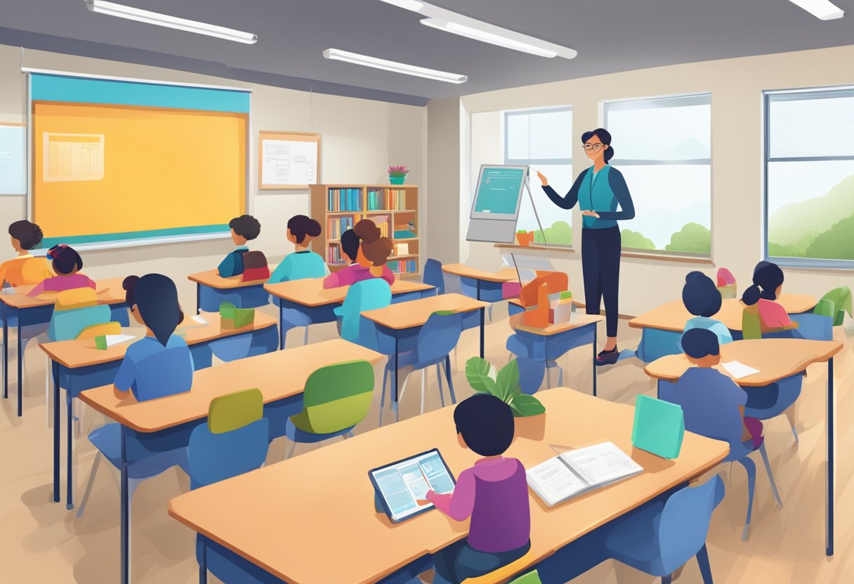 A classroom setting with a digital education AI system integrated into the teaching process, ensuring security and privacy for both teachers and students