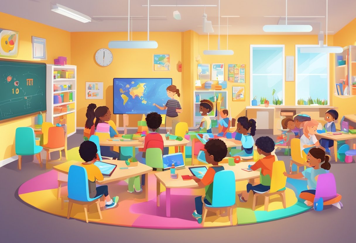 Integrating AI with Play-Based Learning in Primary Schools play-based learning,artificial intelligence,ai tools LearningMole Play-Based Learning: A colorful classroom with children engaged in interactive play-based learning activities, surrounded by educational AI tools and resources