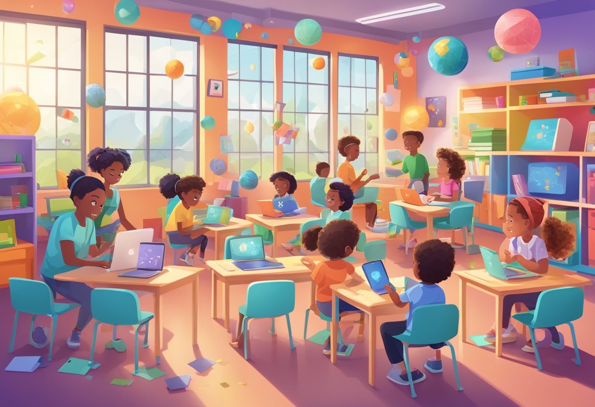 Integrating AI with Play-Based Learning in Primary Schools play-based learning,artificial intelligence,ai tools LearningMole Play-Based Learning: Children interacting with AI-powered educational games in a colorful, playful classroom setting, with digital devices and learning materials scattered around