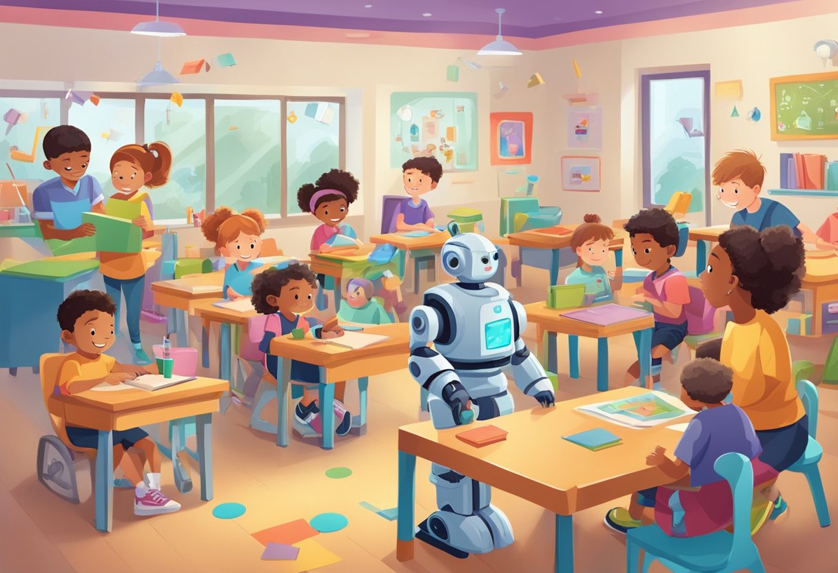 Integrating AI with Play-Based Learning in Primary Schools play-based learning,artificial intelligence,ai tools LearningMole Play-Based Learning: Children and robots interact in a colorful classroom, surrounded by playful learning materials and engaged parents