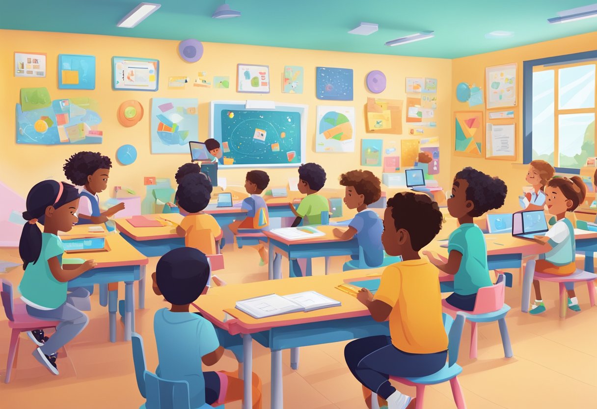 Integrating AI with Play-Based Learning in Primary Schools play-based learning,artificial intelligence,ai tools LearningMole Play-Based Learning: Children engaging with interactive AI learning tools in a colorful, playful classroom setting