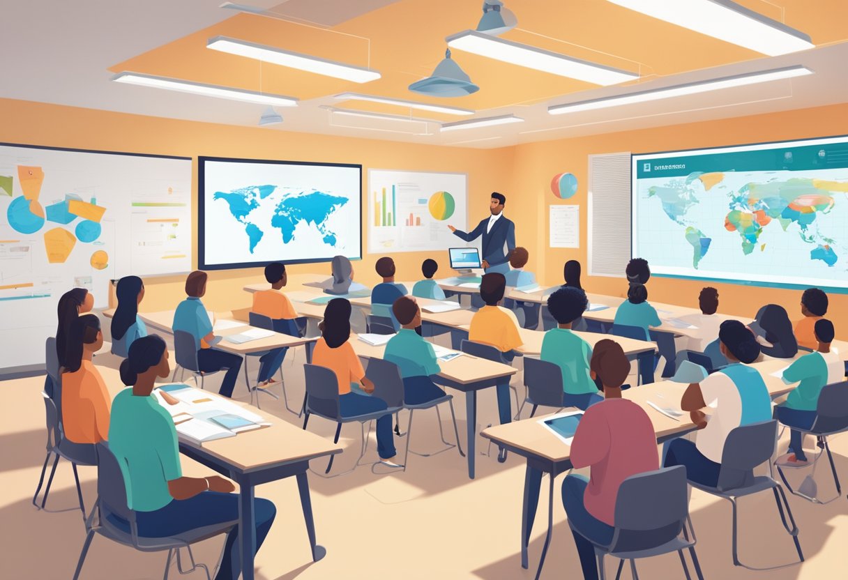AI in Education Policy: International Perspectives AI in Education,AI tool,AI System LearningMole AI in Education Policy: A classroom with AI technology integrated into the curriculum, with teachers and policymakers discussing education policy on a global scale