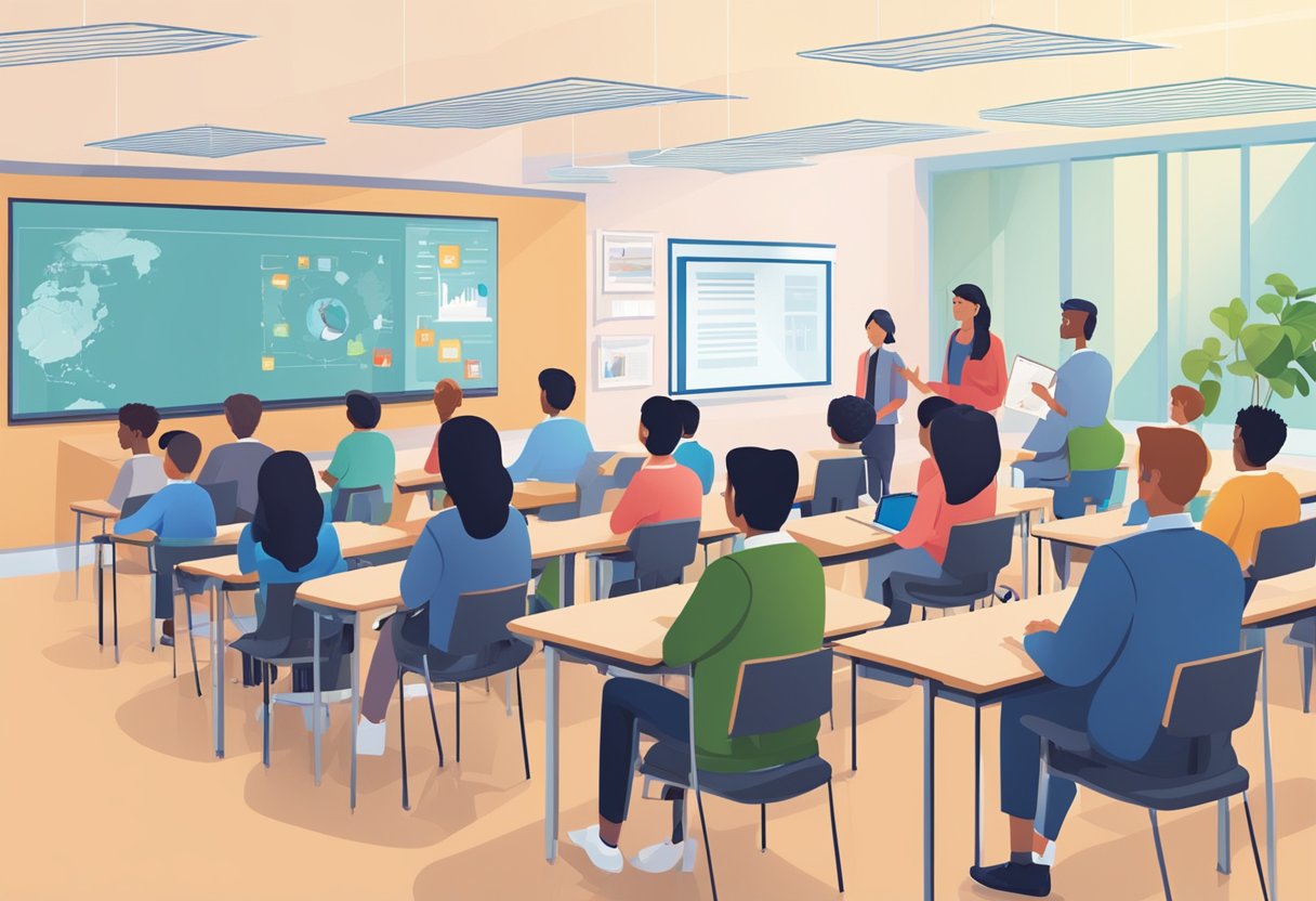 AI in Education Policy: International Perspectives AI in Education,AI tool,AI System LearningMole AI in Education Policy: A classroom setting with AI technology assisting students and teachers, while policymakers from different countries discuss education policies