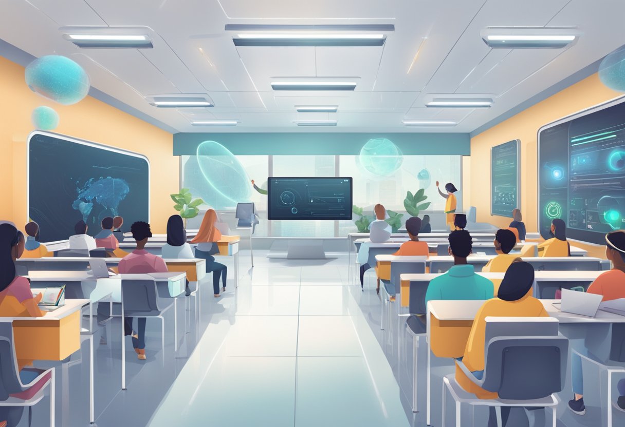 AI and the Evolution of Online Education: Transforming Learning in the Digital Age online education,online course,education LearningMole Online Education: A futuristic classroom with AI teaching tools and students interacting online
