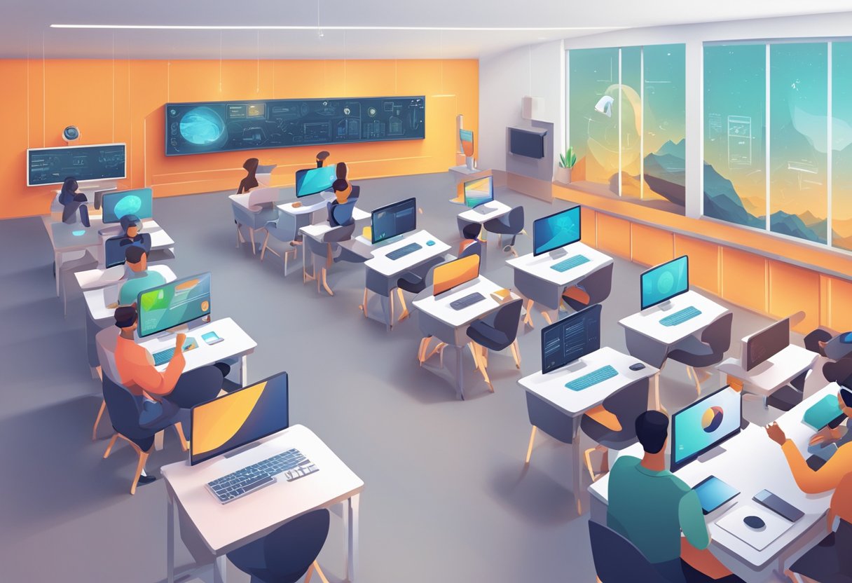 AI and the Evolution of Online Education: Transforming Learning in the Digital Age online education,online course,education LearningMole Online Education: A futuristic classroom setting with AI technology integrated into online courses, showing the evolution of education through digital platforms