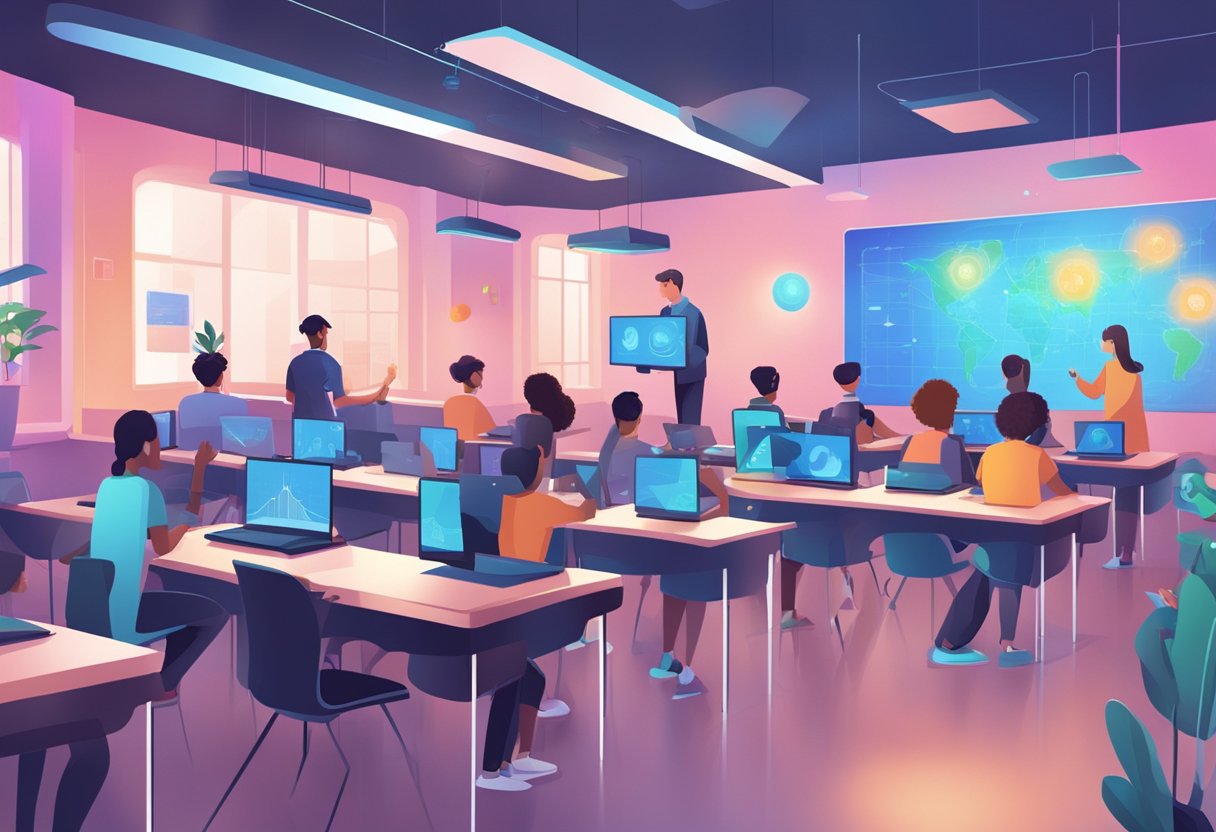 AI and the Evolution of Online Education: Transforming Learning in the Digital Age online education,online course,education LearningMole Online Education: A futuristic classroom with AI-powered teaching tools and students engaging in online learning activities