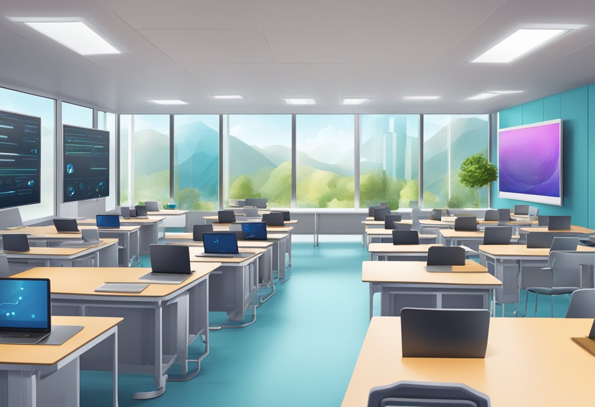 AI and the Evolution of Online Education: Transforming Learning in the Digital Age online education,online course,education LearningMole Online Education: A modern, futuristic classroom setting with AI technology integrated into the learning environment