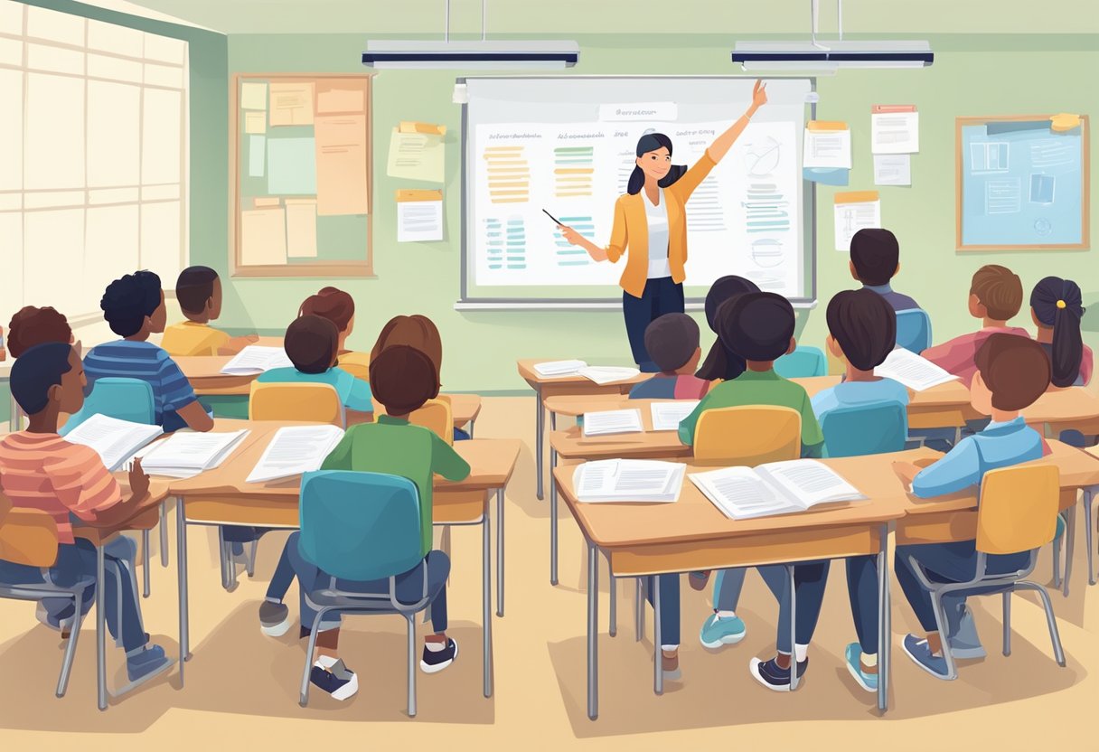 Top 10 Classroom Activities for Teaching Citizenship: Engaging Ways to Build Young Citizens citizenship LearningMole Citizenship: A classroom with a teacher at the front, pointing to a whiteboard with a list of citizenship test and interview activities. Students sit at desks, engaged