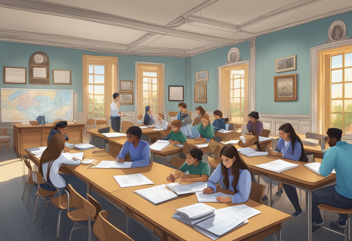 Case Studies: Successful Modern History Projects in Schools Modern History Projects,Modern history,history projects,Case studies LearningMole A classroom setting with students engaged in group projects, surrounded by historical artifacts and documents