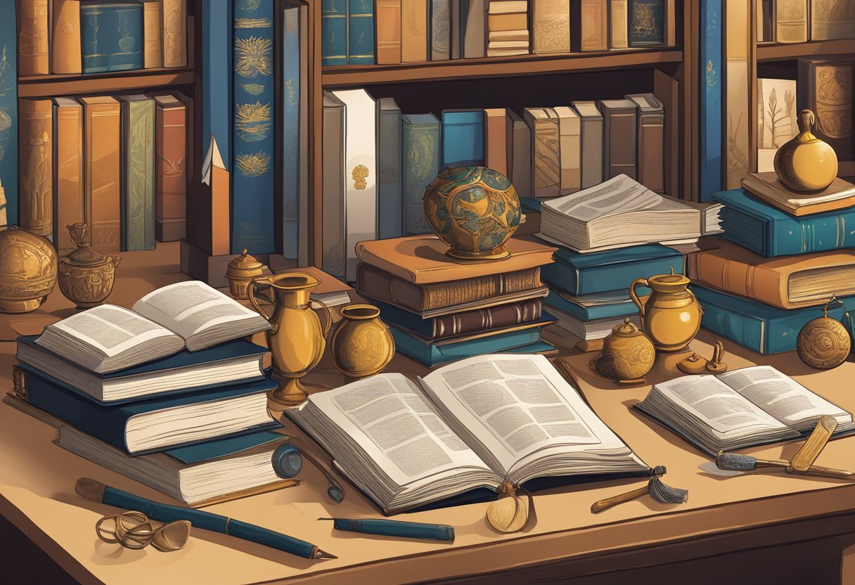 A group of diverse cultural symbols and artifacts arranged on a table, surrounded by books and scholarly materials