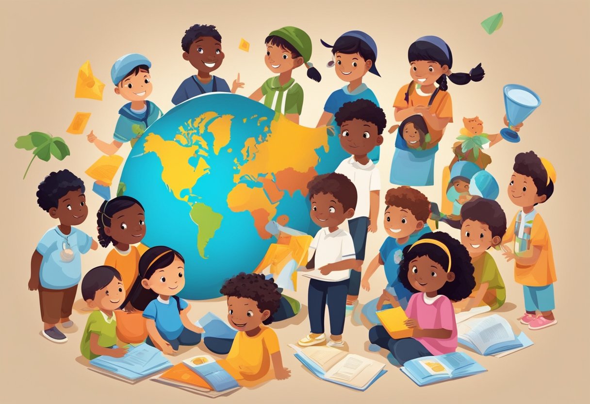 A diverse group of children engage in cultural activities, surrounded by educational materials and symbols from around the world