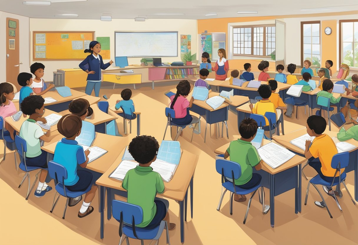 A diverse group of upper primary students engage in critical pedagogy activities, incorporating cultural studies techniques. The classroom is filled with visual aids and educational materials