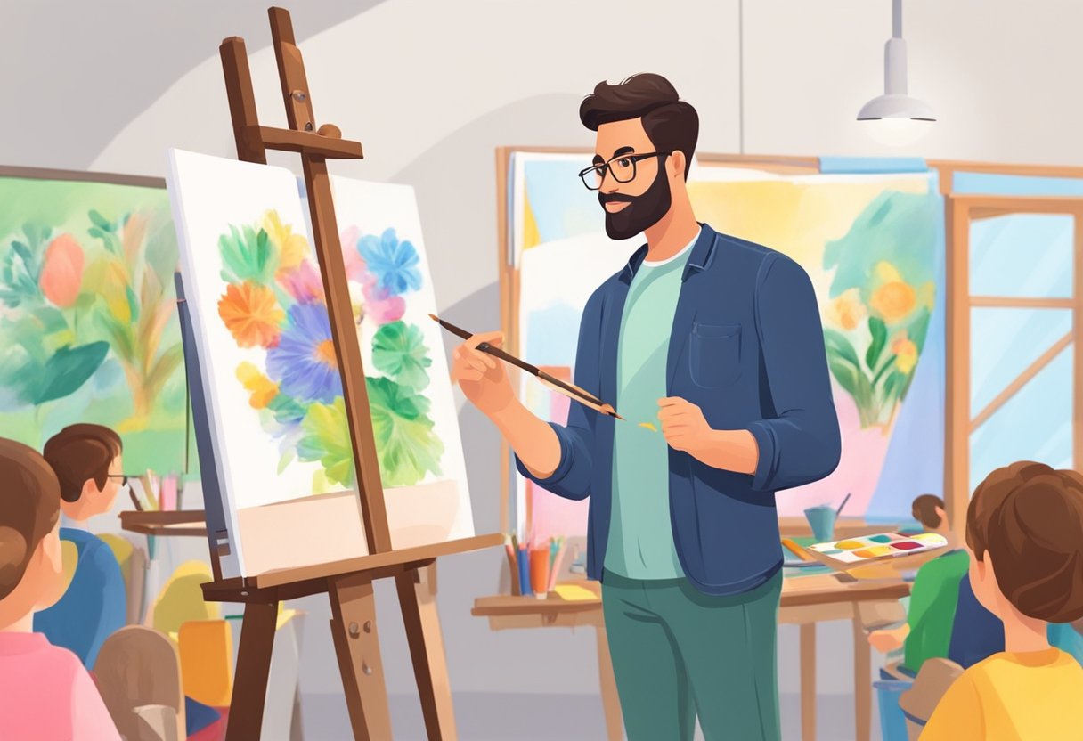 Teaching Drawing and Painting: Year-Round Lesson Plans Teaching Drawing,Art education,drawing and painting,art lesson,Drawing Exercises LearningMole A teacher stands at an easel, demonstrating drawing techniques to a group of students. Paintbrushes, palettes, and colorful artwork decorate the classroom