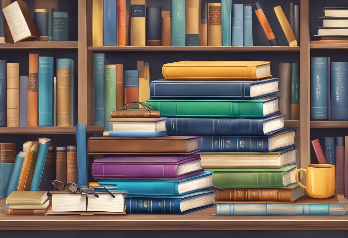 A stack of colorful, academic and professional publishing books surrounded by cultural artifacts and advanced study tools