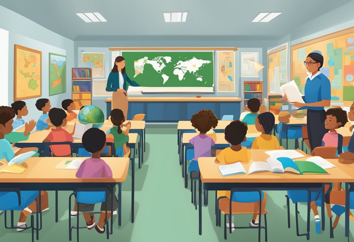 A classroom setting with diverse cultural symbols and educational materials, including books, globes, and maps. A teacher leads a discussion on advanced cultural studies for upper primary classes