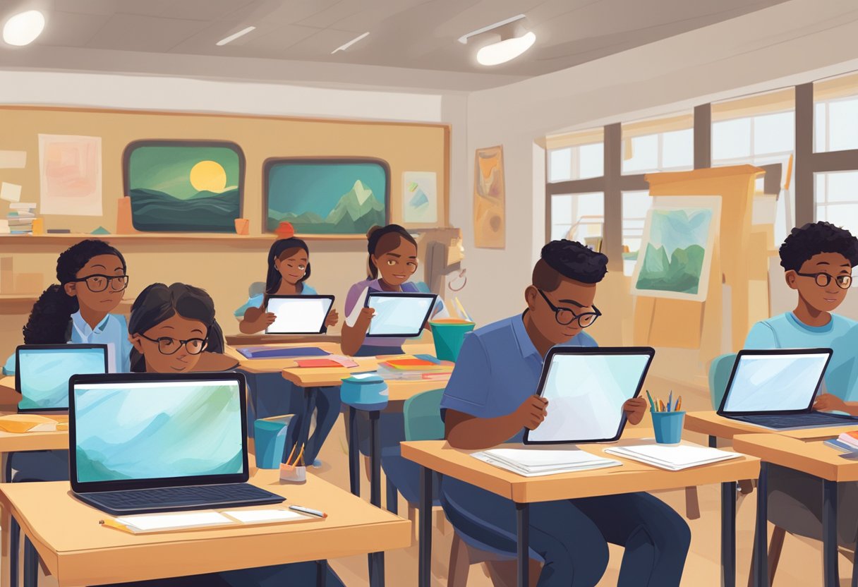 Teaching Drawing and Painting: Year-Round Lesson Plans Teaching Drawing,Art education,drawing and painting,art lesson,Drawing Exercises LearningMole A classroom setting with students using tablets and digital drawing pads alongside traditional art supplies. The teacher demonstrates how to incorporate technology into drawing and painting lessons