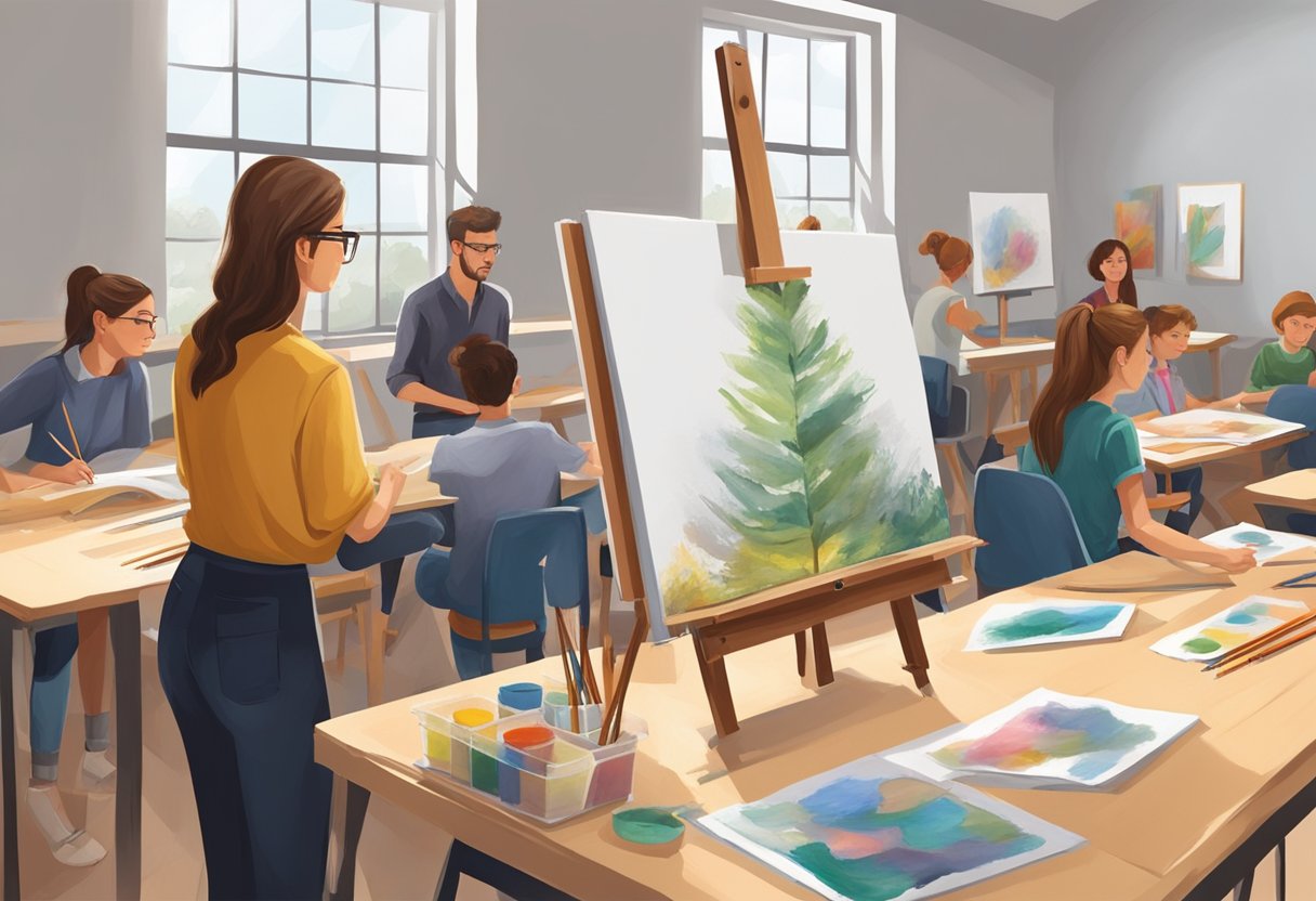 Teaching Drawing and Painting: Year-Round Lesson Plans Teaching Drawing,Art education,drawing and painting,art lesson,Drawing Exercises LearningMole An art teacher demonstrates drawing techniques on a large easel while students work on individual painting projects at their desks