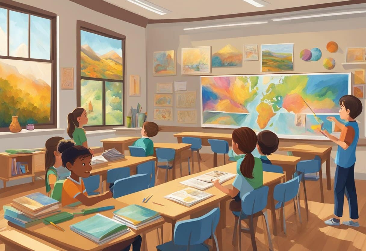 Advanced Art History Techniques for Upper Primary Classes: Making History Come Alive through Art Art history,artistic LearningMole Art history: A classroom with colorful art supplies, historical art pieces, and educational posters on the walls. A teacher demonstrates advanced art techniques to engaged upper primary students