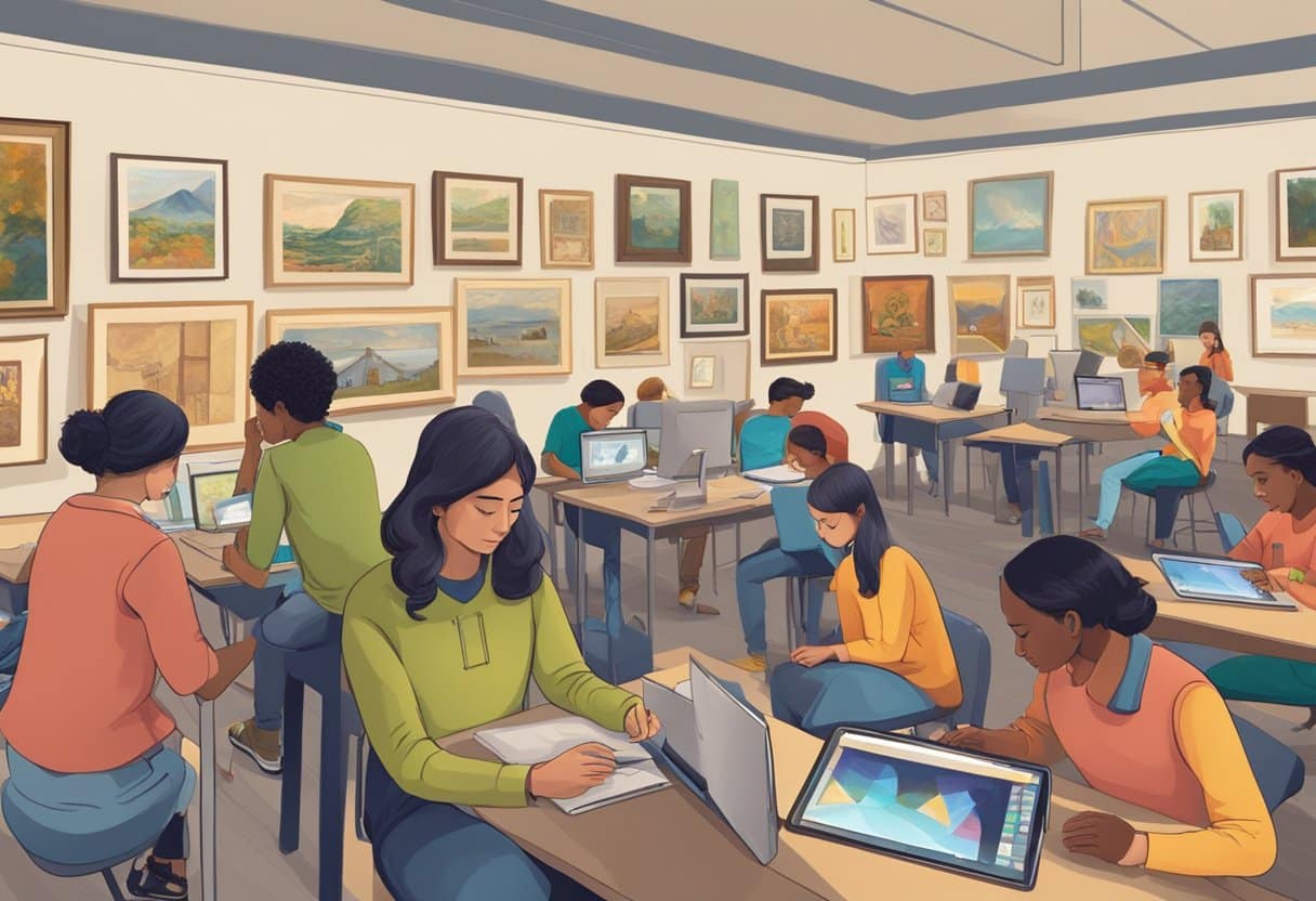 Advanced Art History Techniques for Upper Primary Classes: Making History Come Alive through Art Art history,artistic LearningMole Art history: A classroom setting with students using tablets and computers to explore advanced art history techniques, with various art supplies and examples of famous artworks displayed