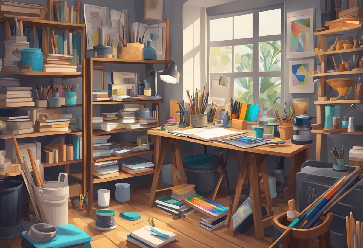 Exploring New Trends in Art History Education Art History Education,Art History LearningMole A cluttered art studio filled with various traditional and digital art tools, canvases, and reference books on art history