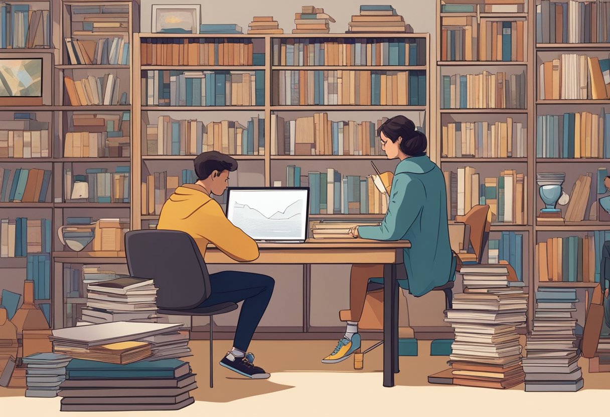 Exploring New Trends in Art History Education Art History Education,Art History LearningMole A person researching art history trends, surrounded by books, paintings, and digital resources in a modern, well-lit study room
