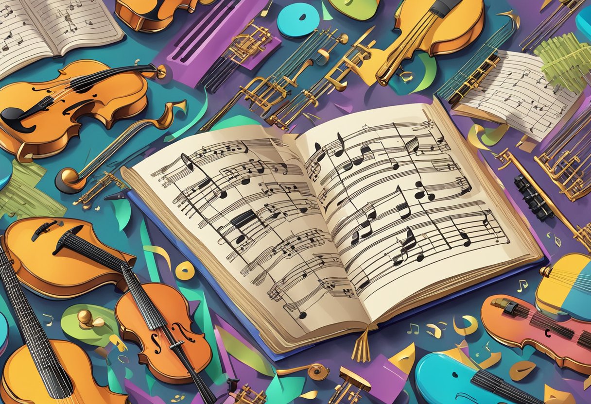 A colorful music theory book surrounded by musical instruments and notes