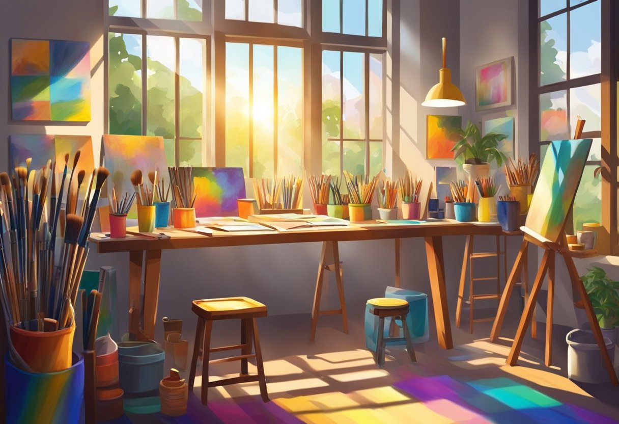 Drawing and Painting for Primary Students: Fun Art Basics for Young Learners Drawing and painting,artistic,drawing LearningMole Drawing and painting: A colorful art studio with paintbrushes, palettes, easels, and canvases arranged neatly. Sunlight streams in through a large window, illuminating the creative space