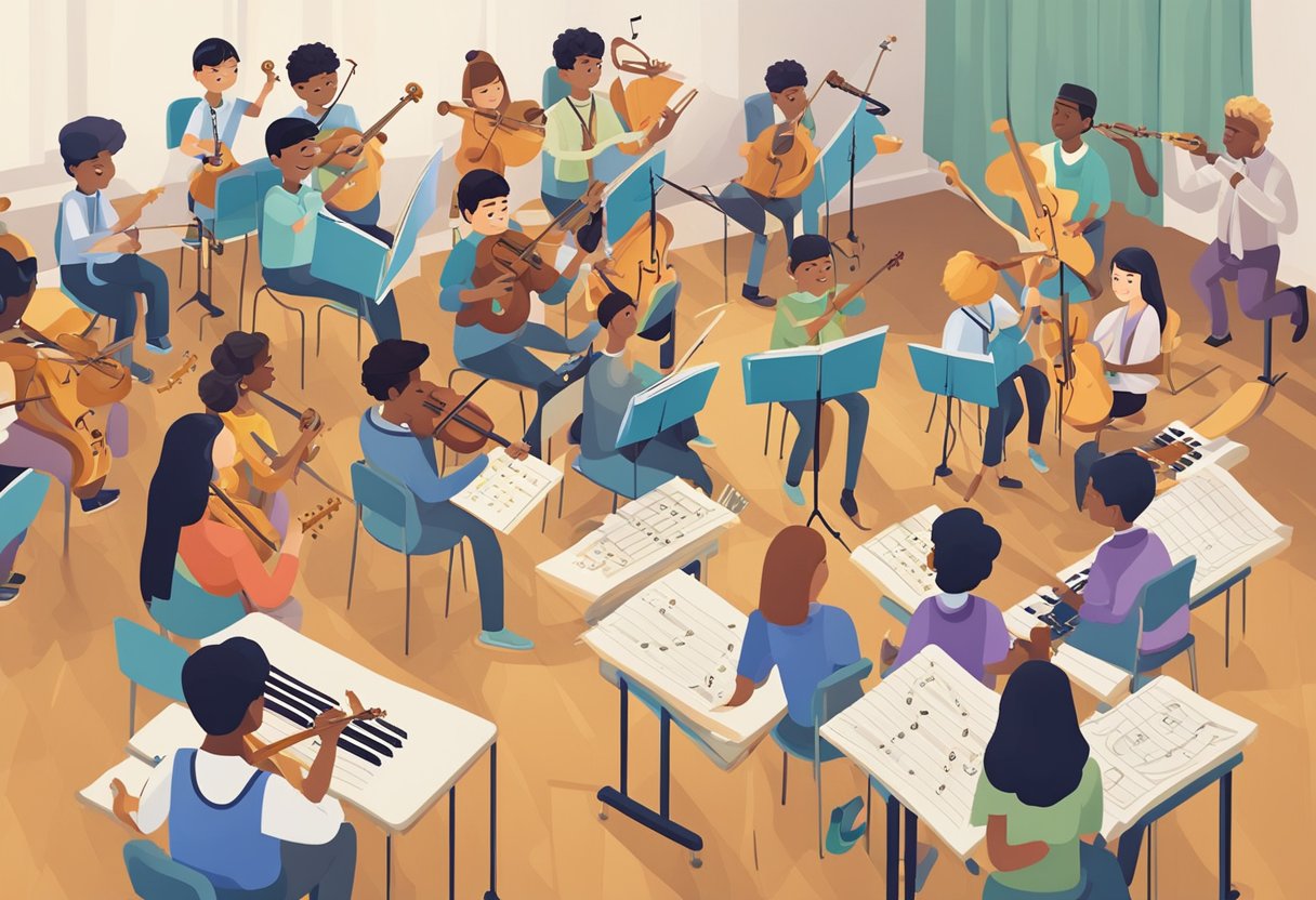 Case Studies: Successful Music Theory Projects in Schools - Inspiring Young Musicians Across the UK Music theory LearningMole A group of students engage in music theory activities, surrounded by instruments and musical notation. The teacher guides the class in a dynamic and interactive learning environment