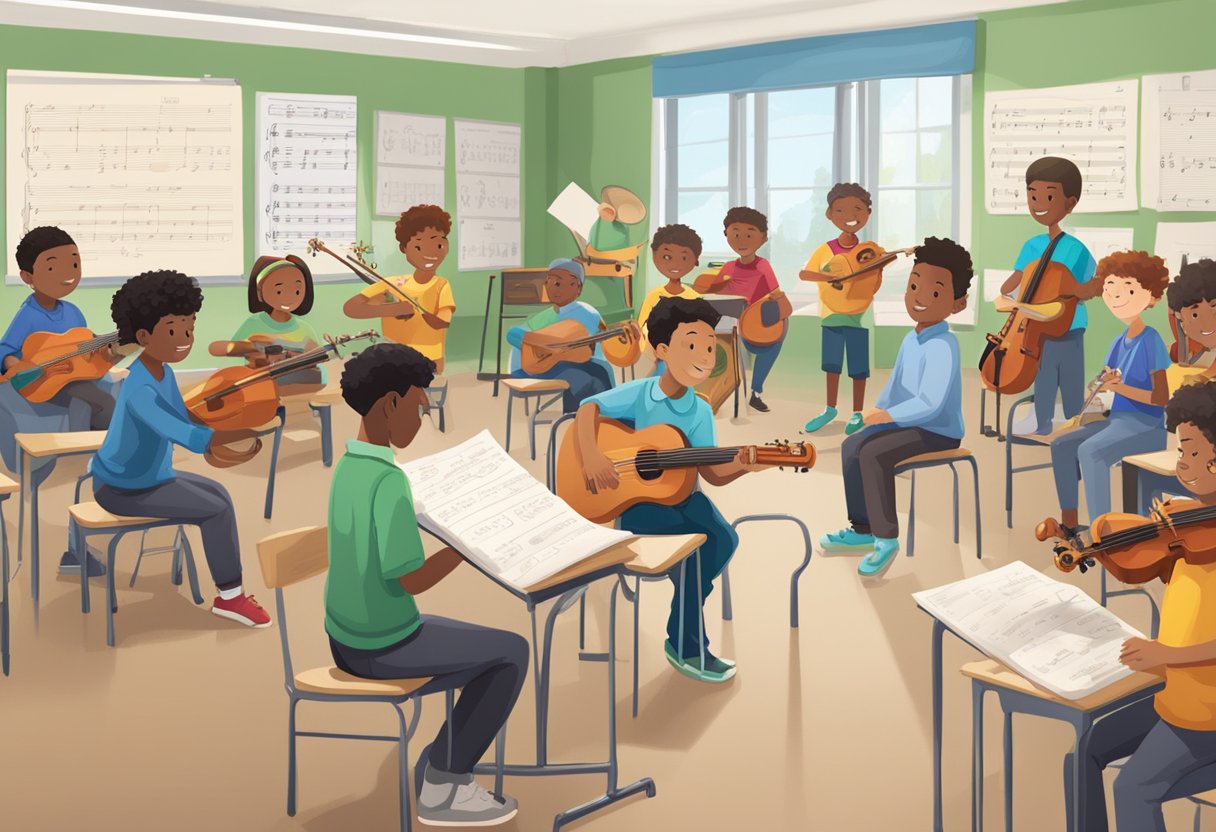 Case Studies: Successful Music Theory Projects in Schools - Inspiring Young Musicians Across the UK Music theory LearningMole A classroom with diverse musical instruments and notation sheets displayed, while students engage in collaborative music theory activities