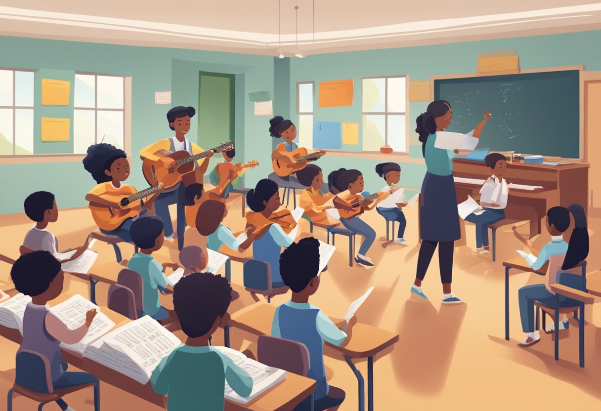 Case Studies: Successful Music Theory Projects in Schools - Inspiring Young Musicians Across the UK Music theory LearningMole Music theory: A classroom setting with musical instruments, sheet music, and students engaged in group activities, led by a teacher at the front of the room