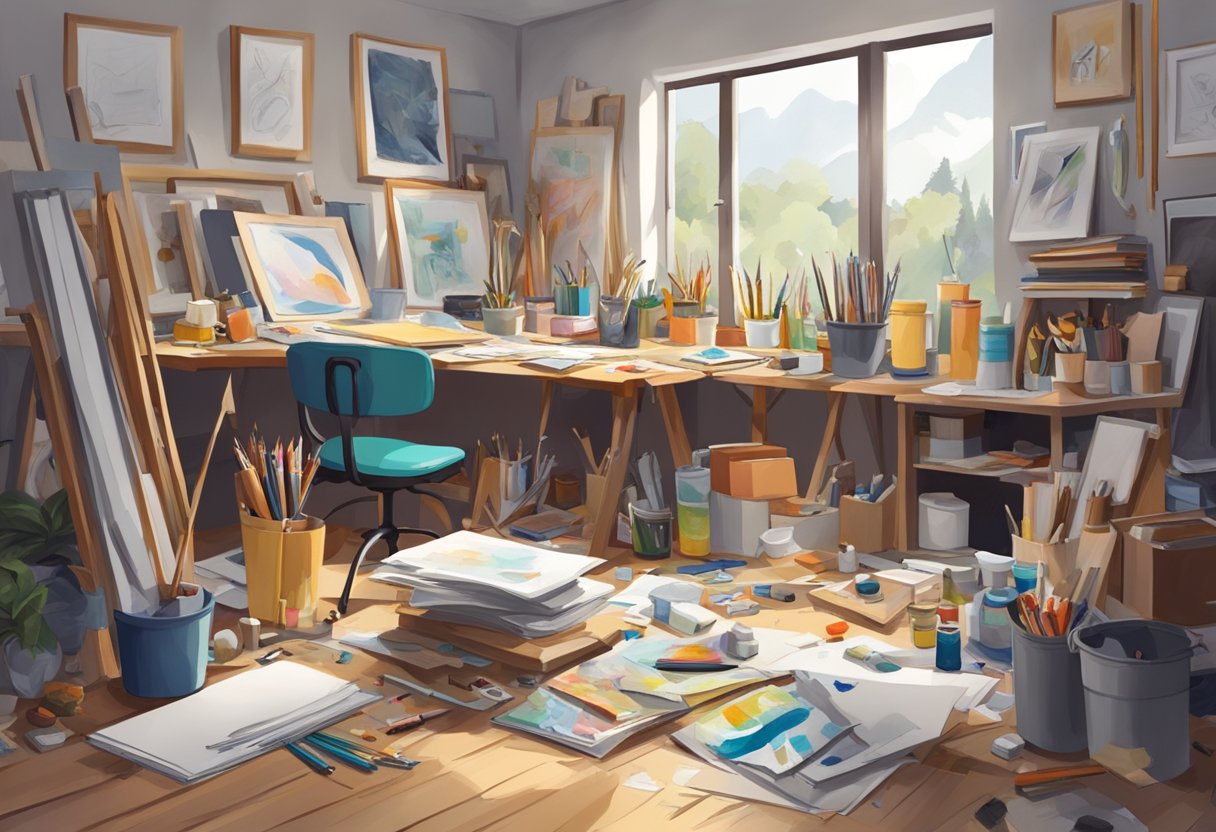 Drawing and Painting: Common Mistakes and How to Avoid Them Drawing and Painting,Drawing,artistic LearningMole Drawing and painting: A cluttered art studio with various drawing and painting supplies scattered around, featuring unfinished artworks and reference materials