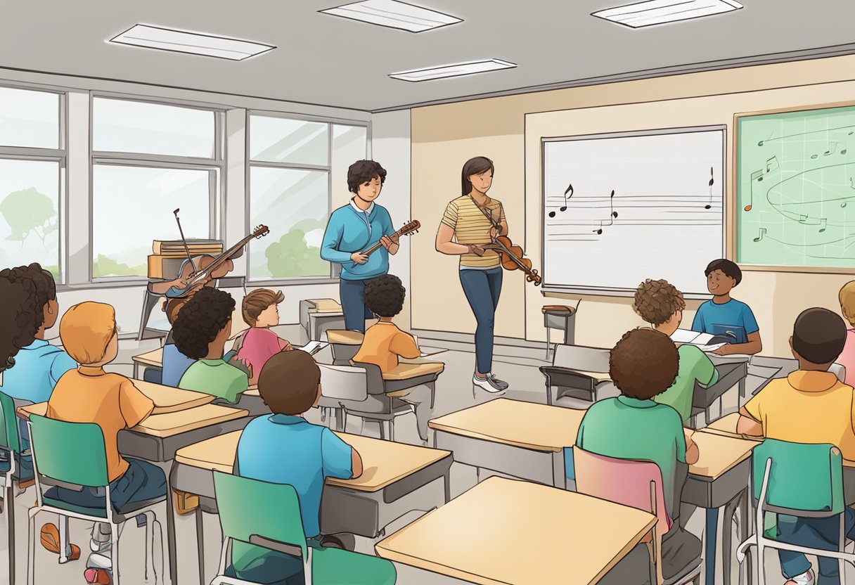 Case Studies: Successful Music Theory Projects in Schools - Inspiring Young Musicians Across the UK Music theory LearningMole A classroom with musical instruments, whiteboard, and students engaged in music theory projects