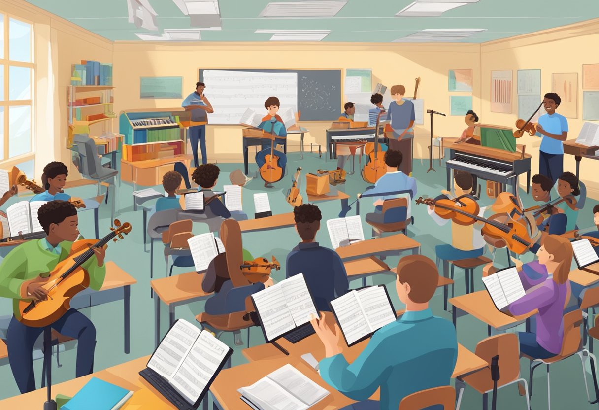 Case Studies: Successful Music Theory Projects in Schools - Inspiring Young Musicians Across the UK Music theory LearningMole Music theory: A classroom filled with musical instruments, sheet music, and students collaborating on various theory projects