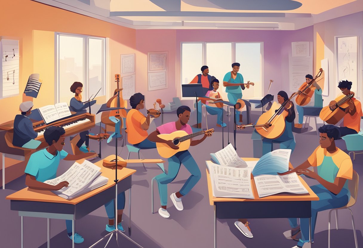 Case Studies: Successful Music Theory Projects in Schools - Inspiring Young Musicians Across the UK Music theory LearningMole A group of students engage in music theory projects, surrounded by instruments, sheet music, and creative materials in a vibrant classroom setting