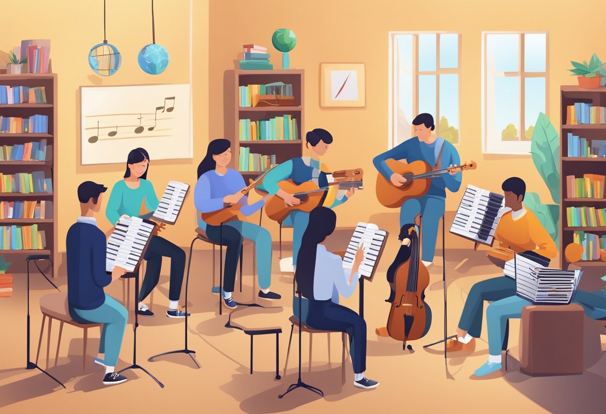 Case Studies: Successful Music Theory Projects in Schools - Inspiring Young Musicians Across the UK Music theory LearningMole A classroom with students engaged in music theory activities, surrounded by books and musical instruments