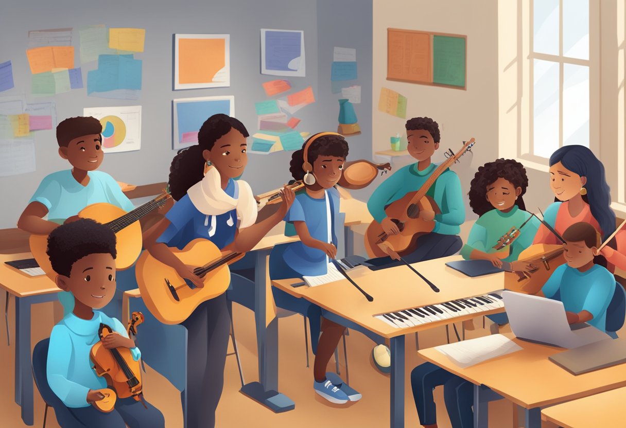 Case Studies: Successful Music Theory Projects in Schools - Inspiring Young Musicians Across the UK Music theory LearningMole A classroom with diverse students engaged in collaborative music theory projects, utilizing technology and traditional instruments