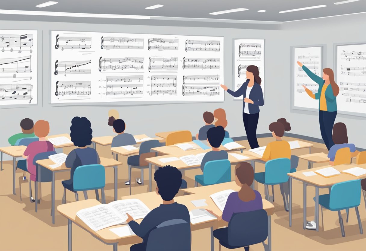 Case Studies: Successful Music Theory Projects in Schools - Inspiring Young Musicians Across the UK Music theory LearningMole A classroom with students engaged in music theory activities, teacher facilitating. Wall displays show successful case studies