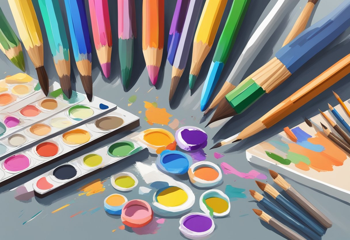 How Drawing and Painting Support Cross-Curricular Learning Drawing and painting,Cross-curricular,art project,drawing LearningMole Drawing and painting: A colorful palette of paintbrushes and pencils scattered across a desk, surrounded by sketches and paintings in various stages of completion