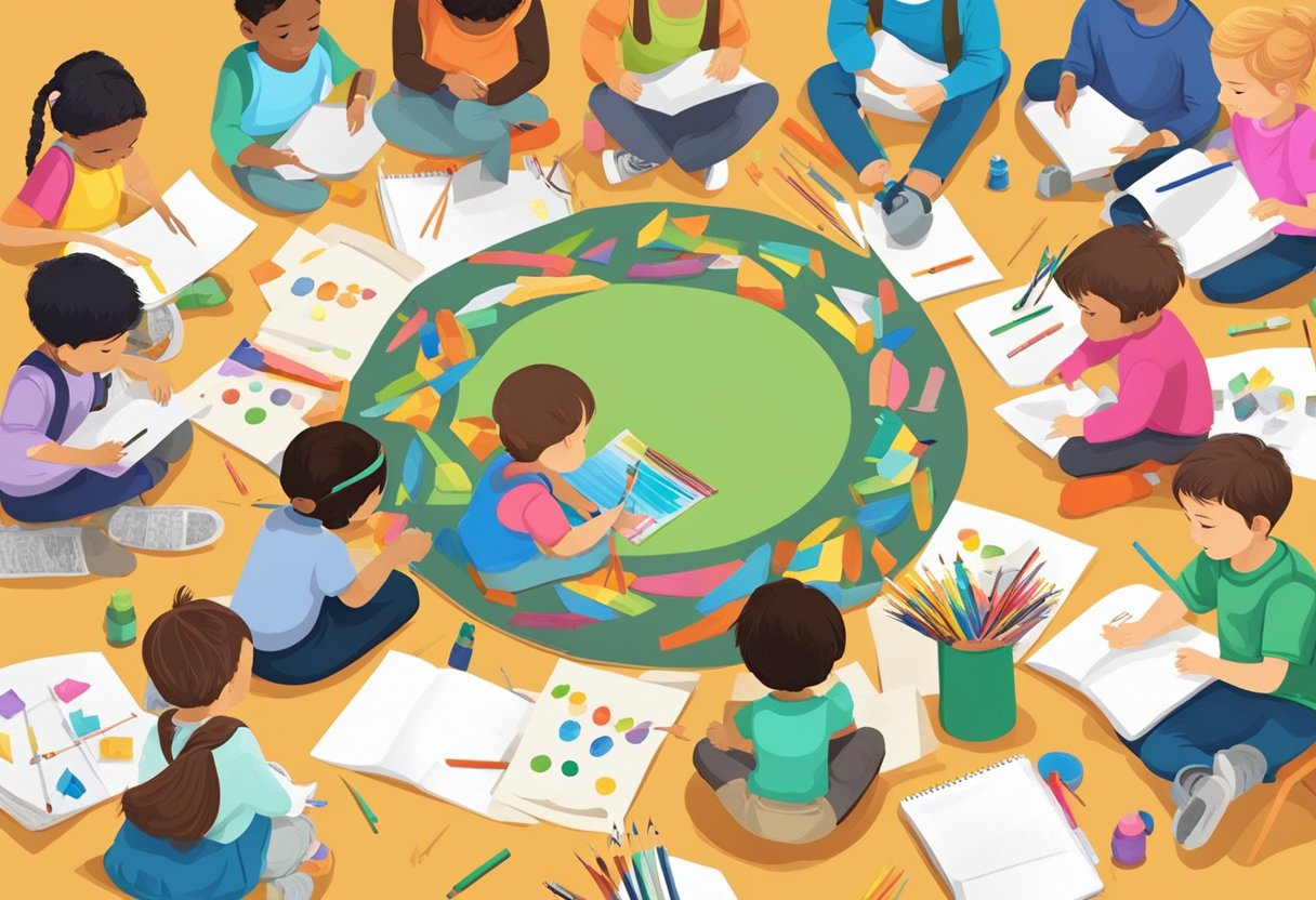 Interactive Arts and Craft Resources: Creative Discovery arts and craft,arts LearningMole Arts and craft: A group of children sitting in a circle, each holding a unique art supply. They are actively listening and communicating while working on a collaborative arts and crafts project